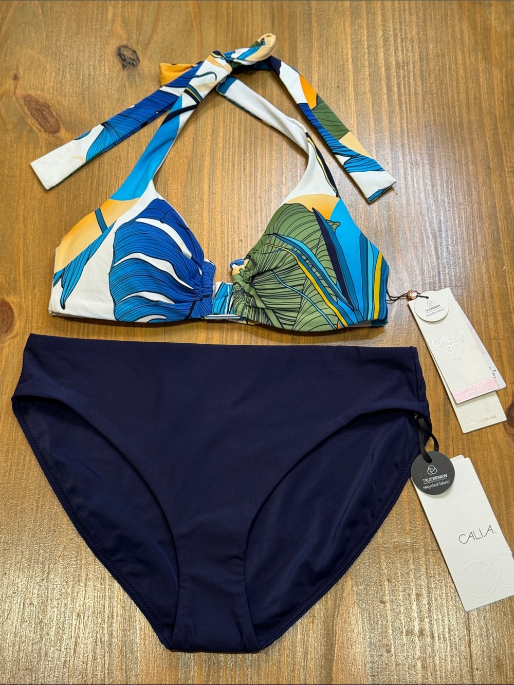 CALIA U bar halter in Botanical Print White & Mid Rise Opulent Blue swim bottoms